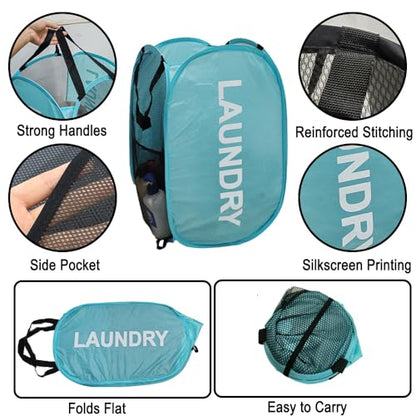 Mesh Popup Laundry Hampers, Collapsible Laundry Baskets, 2 Pack Dirty Clothes Hampers for Home, Bathroom, College Dorm, RV Cruise, Travel (Gray + Blue) - color: Blue + Gray