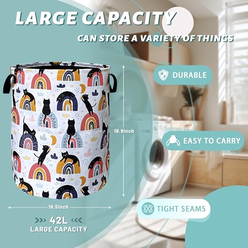Cute Cats Laundry Basket Oxford Cloth Foldable Hamper 18.9x16.5 Inch - color: Cute Cat With Boho Rainbow
