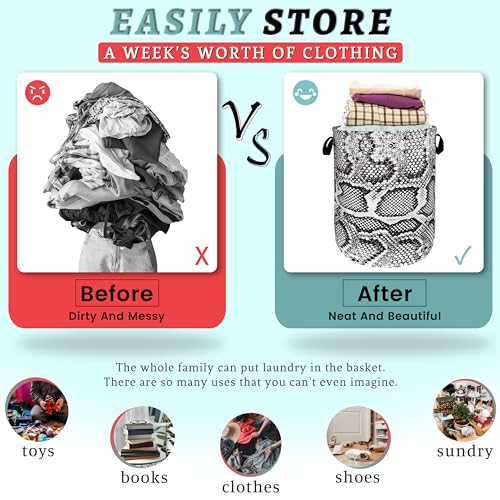 Grey Snake Print Laundry Basket Oxford Cloth Foldable Hamper 18.9x16.5 In - color: Retro Grey White Snake Texture