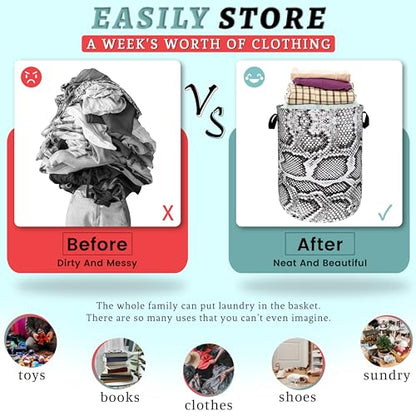 Grey Snake Print Laundry Basket Oxford Cloth Foldable Hamper 18.9x16.5 In - color: Retro Grey White Snake Texture