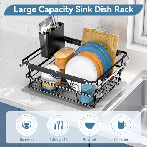 TOOLF Dish Drying Rack in Sink with Utensil Holder, RV, Apartment, Black - size: XLarge Size