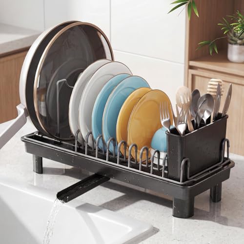 Small Dish Drying Rack with Drainboard, Compact for Kitchen Counter, Black - color: Black