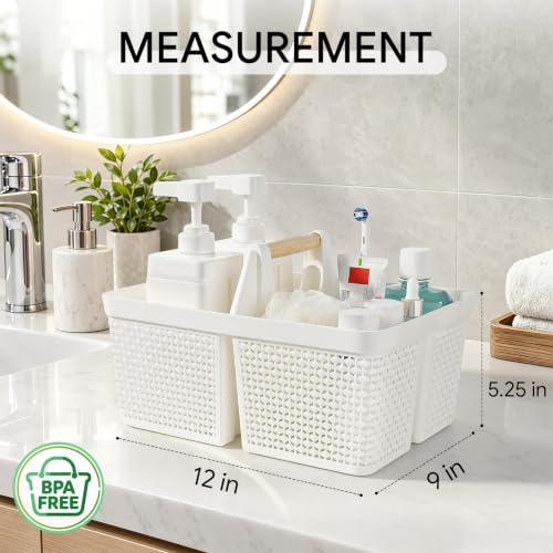 UUJOLY Portable Plastic Shower Caddy Basket with Wooden Handle, White - color: White