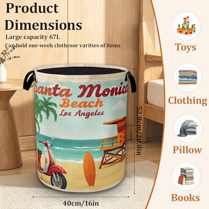 Summer Beach Laundry Basket, Foldable Laundry Hamper with Handles, Large Capacity Waterproof Clothes Storage Basket for Bedroom Bathroom College Dorm - color: Retro Summer Beach