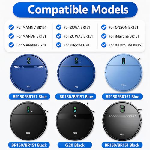 BR151 Robot Vacuum Replacement Parts, Compatible with MAMNV BR151,ZCWA BR151,XIEBro BR151,iMartine BR151,ONSON BR151,MANVN BR151,ZC WAS BR151,MANVINS G20,Kilgone G20,8ea:Mop Pad,HEPA Filter,Side Brush - color: Set B