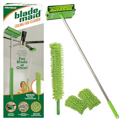 Blade Maid Ceiling Fan Blade Cleaner & Duster | Extendable Pole for High Ceilings, Moldings, Blinds, Walls & Cars, Corner Cleaning Tool, with Reusable Microfiber Pads | Size 3 feet (Pack of 1) - size: Blade Maid + Feather Duster