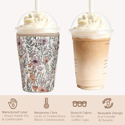 Reusable Insulated Neoprene Iced Coffee Cup Sleeve, Durable Drink Sleeve for Cold Beverages, Beverage Holder for Iced Coffee (Bloom Magic) - color: Bloom Magic