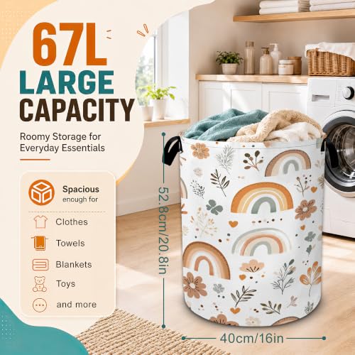 Rainbow Flowers Laundry Basket,Boho Large Collapsible Portable Round Laundry Hamper with Handles,Oxford Storage Bin for Clothes,Blankets,Bedroom,Bathroom - color: Rainbow Flowers Boho