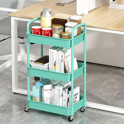MOYIPIN 3-Tier Plastic Rolling Utility Cart with Handle,Turquoise - color: Turquoise, size: 3-Tiers without cups
