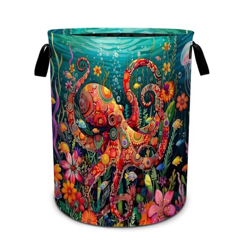 Octopus Flower Laundry Basket Foldable Laundry Hamper With Handles Clothes Storage Bucket Organizer Laundry Bag For Bedroom Bathroom Laundry Storage 19.6 x 15.7 - color: Octopus Flower