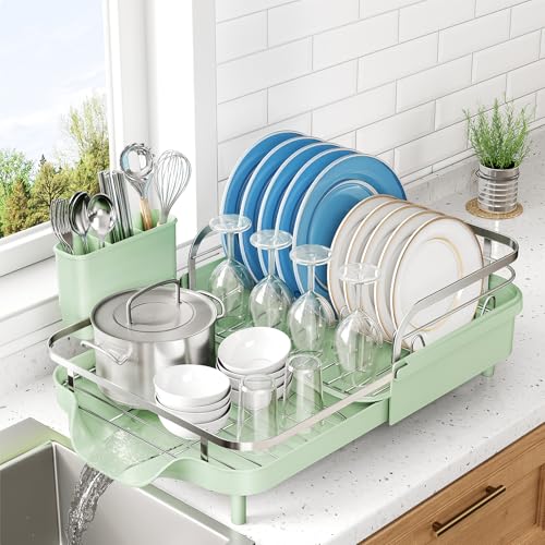 SNTD Expandable Dish Drying Rack for Kitchen Counter, 15.2-22.1 in, Green - color: Green
