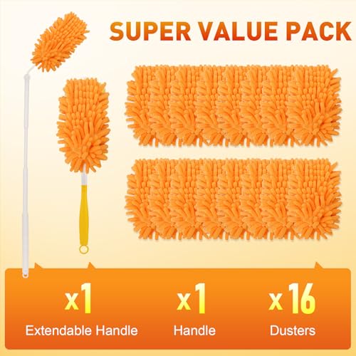 16Pcs Reusable Duster Refill Compatible with Swiffer Hand Duster +3FT Extended Handle +1 Handle, 360 Heavy Duty Duster Refills for Cleaning, Office, Ceiling Fan - size: 16PCS+2Handle