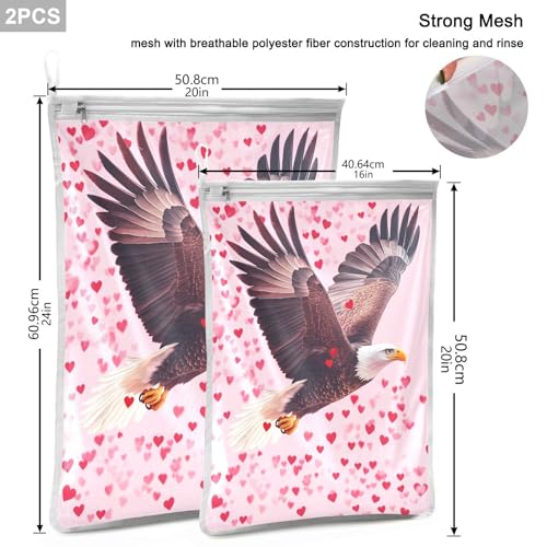 Mesh Laundry Bags Lingerie Bags for Washing Delicates 2 PCS Durable Wash Bag with Zipper Small and Medium Washable Bald Eagle and Pink Hearts - color: Bald Eagle and Pink Hearts