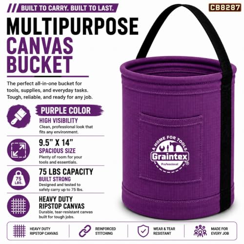 Graintex Canvas Utility Bucket 9.5"x14", Round Tool Bucket, Reinforced Base & Carry Handle, Ripstop Canvas, Ideal Multi-Purpose Bag for Jobsite, Gardening, Home Use, Tool Storage - Purple - color: Purple