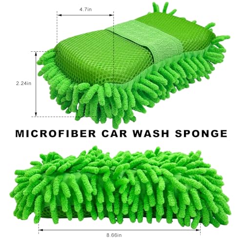 Microfiber Car Wash Sponge, Scratch-Free Vehicle Washing Mitt with Chenille & Mesh Sides, Highly Absorbent Sponge Lint-Free Cleaning Tool for Car Washing & Detailing (Green) - color: Green, 1 Pcs