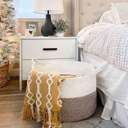 INDRESSME XXXLarge Woven Rope Blanket Basket Living Room Brown, 90L - color: White & Brown, size: 21.7"D x 13.8"H