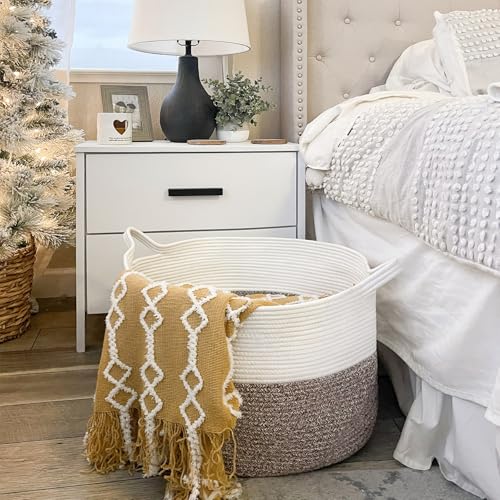 INDRESSME XXXLarge Woven Rope Blanket Basket Living Room Brown, 90L - color: White & Brown, size: 21.7"D x 13.8"H
