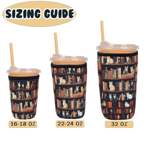 Reusable Insulated Neoprene Iced Coffee Cup Sleeve, Durable Drink Sleeve for Cold Beverages, Beverage Holder for Iced Coffee (Cat Library) - color: Cat Library