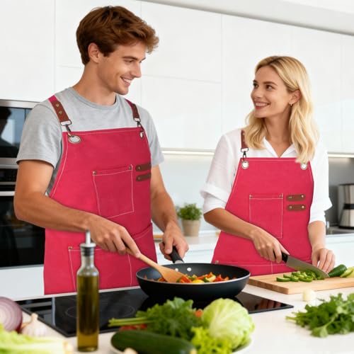 Aprons For Women Men With Large Pockets, Waterproof Cotton Chef Aprons For Cooking Server Grilling Bbq Kitchen - color: Light Pink