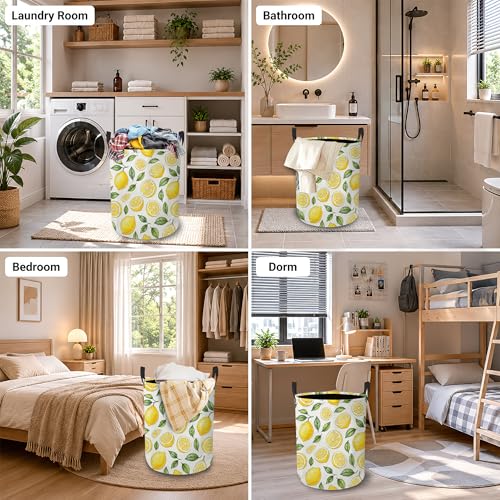 Lemon Slices Laundry Basket, Green Leaves Collapsible Laundry Hamper Waterproof Oxford Cloth With Handles, Clothes Storage Bucket For Bathroom/Bedroom 16" x 20.8" - color: Lemon Slices