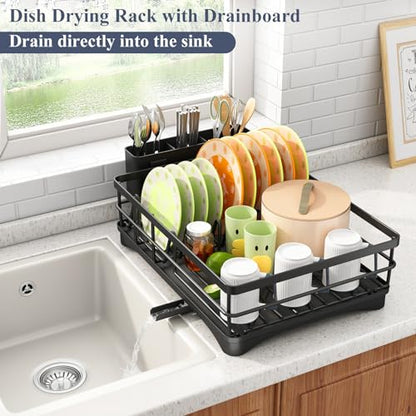 SAYZH Dish Drying Rack for Kitchen Counter with Utensil Holder, Black - color: Black