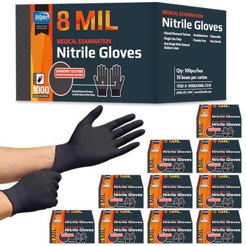 Inspire 6 or 8 Mil HEAVY DUTY Stretch Nitrile Black Gloves Disposable Latex Free - color: Black 8 Mil, size: X-Large