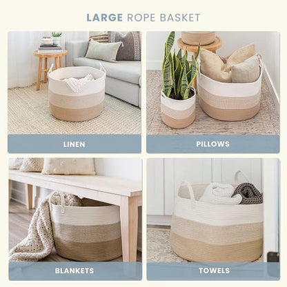 OrganiHaus Round Toy Basket & Blanket Basket, Cotton Rope 20x13" - color: 3-toned Honey, size: Wide