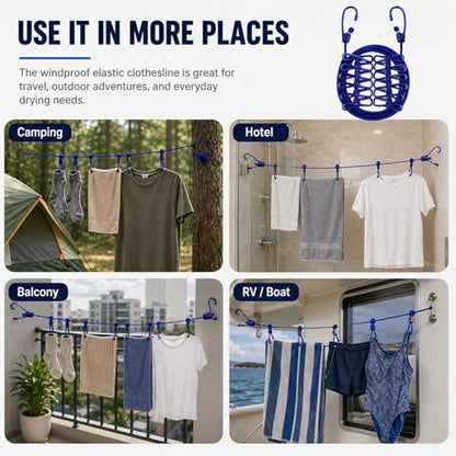 Portable Clothesline with 12 Clips, Stretch Travel Drying Rope with Stainless Steel Hooks for Camping Indoor Use.(Blue) - color: Blue