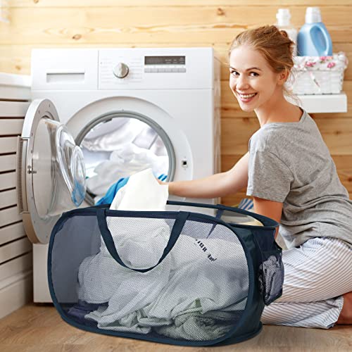 Durable Collapsible Laundry Baskets, Mesh Pop Up Laundry Hamper with Side Pocket, Foldable Clothes Storage Hamper with Reinforced Carry Handles for Laundry, Bathroom, Kids Room, Dorm or Travel Navy - color: 1 x Navy Blue