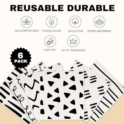 6 Pack Swedish Dishcloths Black White Kitchen Towels 18 - color: Multi 1521