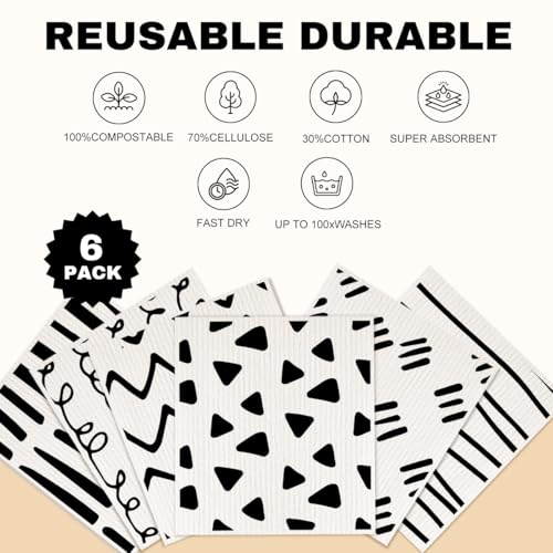 6 Pack Swedish Dishcloths Black White Kitchen Towels 18 - color: Multi 1521