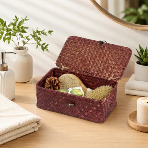 Seagrass Wicker Storage Basket with Lid, Small, Red - color: Red, size: 9.05" x 5.11" x 3.34"