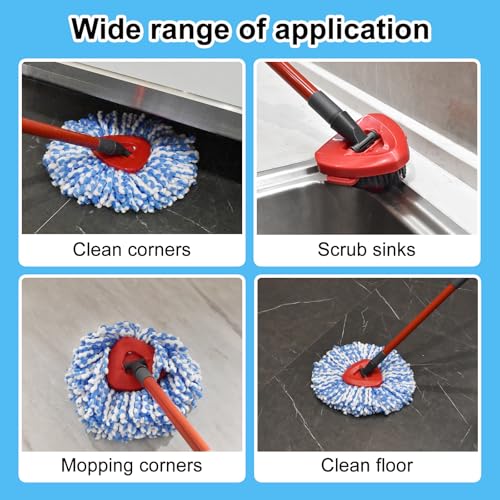 Spin Mop Handle Replacement for Ocedar, Mop Heads Replacements Compatible with RinseClean 2 Tank System,Include 2 Microfiber Mop Replace Heads,4 Section 30-58" Iron Mop Handle,1 Base and 1 Scrub Brush - size: 2 Tank