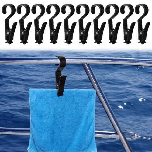 10pcs Boat Rail Towel Clips, Large Storm Proof Lockable Clothespin Boat Towel Organizer for Pontoon Marine Beach Pool Cruise Camping (Black)