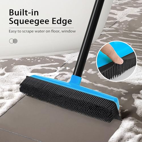 JEHONN Rubber Broom Carpet Rake Brush for Pet Hair with Squeegee, 52.8 inches Long Handle Silicone Fur Scraper Removal Tool with Detailing Lint Comb for Rug, Tile, Hardwood Floor Cleaning (Blue)
