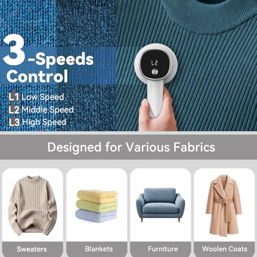 Rechargeable Fabric Shaver, 6-Leaf Blades, LED Display, 3 Speeds - color: White