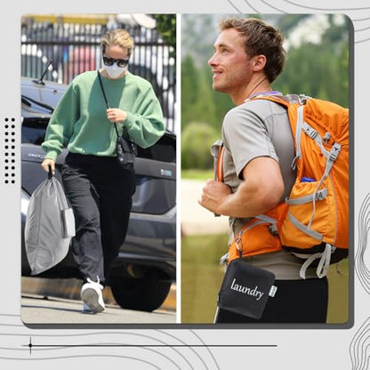 Travel Laundry bags, Dirty Clothes Travel Bag with Handles, Portable Small laundry Sack for Travelling, Suitcase, Gym, Camping (Black&Grey) - color: Black&Grey