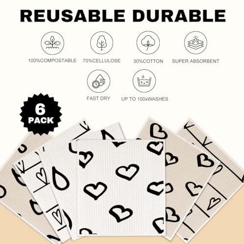6 Pack Swedish Dishcloths Black White Kitchen Towels 08 - color: Multi 1518