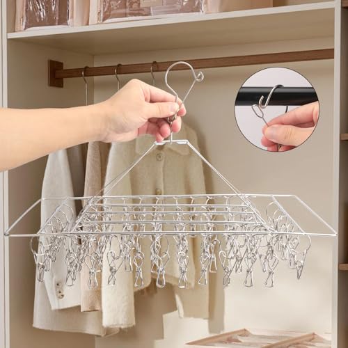 5 Pack 17x10 inch Stainless Steel Drying Rack with 60 Clips, Swivel Sock Drying Rack with Windproof Clips, Stainless Steel Clothes Hanger for Bras, Clothes, Sock & Underwear Towels - size: 5 Pack