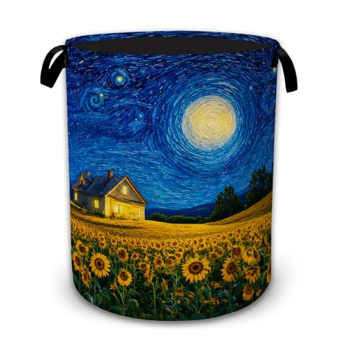 Starry Sunflower Farm Large Clothes Hamper, Portable Collapsible Laundry Basket with Handles, Freestanding Storage Bin for Bedroom Bathroom Dorm Laundry Room - color: Starry Sunflower Farm