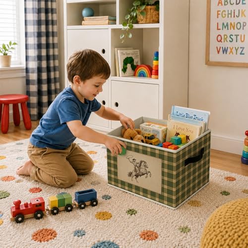 Vintage Cowboy Rodeo Foldable Storage Bins with Handles, Western Plaid Decorative Storage Basket for Organizing Clothes Tools Books, Cowboy Basket Gift for Nursery Living Room Bedroom - color: Vintage