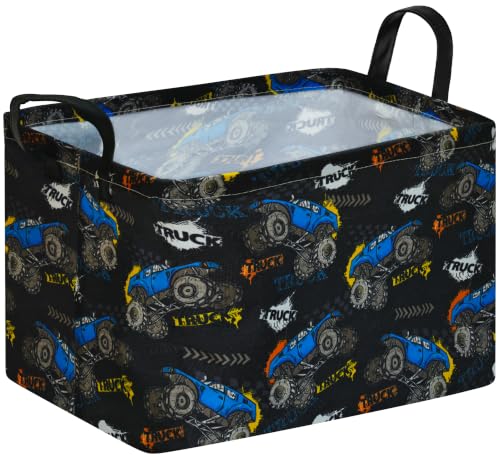 Rectangular Monster Truck Storage Basket for Boys, Basket Trucks Toy Storage Bin with Handles, Collapsible Organizer Basket for Kids Bedroom, Playroom and Clothes Storage - color: Letter Monster Truck