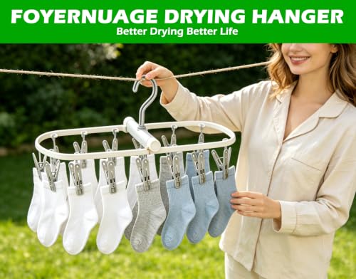 Folding Clothes Drying Rack with 12 Clips, 360° Rotatable Portable Clip
