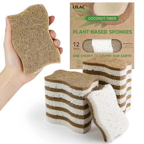 12 Pack Natural Cellulose Non-Scratch Kitchen Scrub Sponges for Dish - color: Coconut Fiber, White