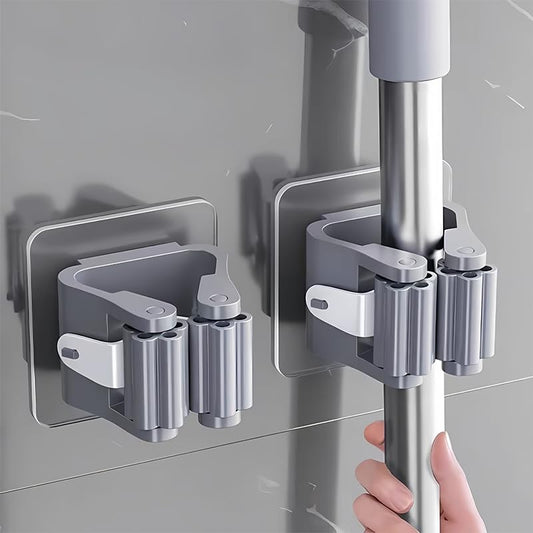 2Pcs Broom Holder Wall Mount, Self Adhesive Mop Holder with Anti-Slip Gripper, Cleaning Tools Sticker Hook for Garden Garage Bathroom Kitchen Toilet, Grey