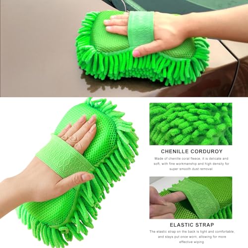 Microfiber Car Wash Sponge, Scratch-Free Vehicle Washing Mitt with Chenille & Mesh Sides, Highly Absorbent Sponge Lint-Free Cleaning Tool for Car Washing & Detailing (Green) - color: Green, 1 Pcs