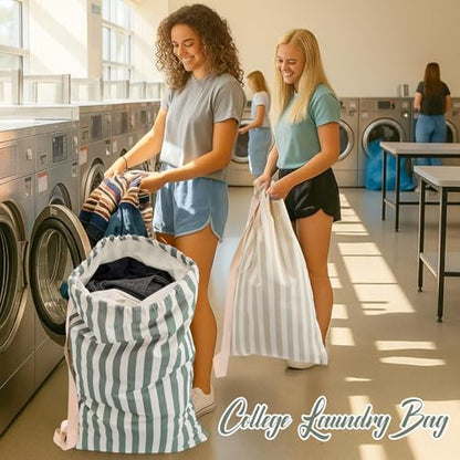 Satinior 2 Pcs Stripe Laundry Bag Backpack for Dorm Travel 29" x 18" Canvas - style: Stripe