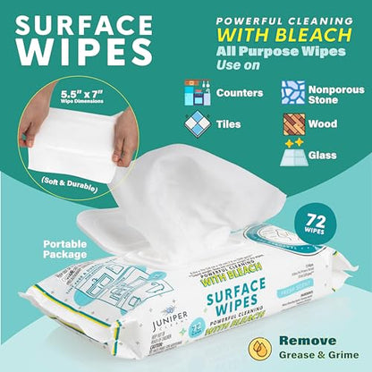Juniper CLEAN 3 Pack Surface Cleaning Wipes with Bleach, All-Purpose Cleaner for Bathroom, Kitchen, Office, 216 Count Soft Flow, Fresh Scent, Lint Free & Durable - size: 72 Count (Pack of 3)