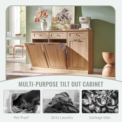 IFBUY Triple Tilt Out Laundry Hamper Cabinet, 20 Gallon Farmhouse Trash Can Cabinet w/Drawer & Adjustable Shelf, Hidden Garbage Can Bin Cabinets w/Laundry Basket for Bathroom, Kitchen (Natural) - color: Natural, size: Triple