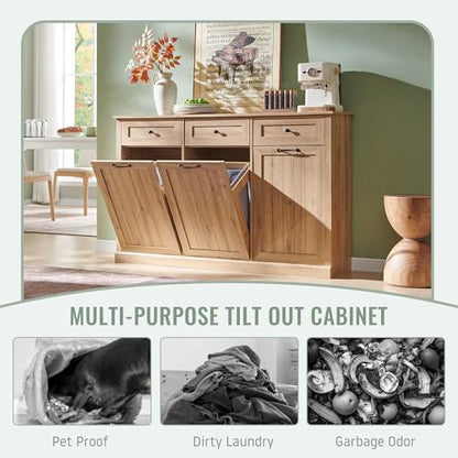 IFBUY Triple Tilt Out Laundry Hamper Cabinet, 20 Gallon Farmhouse Trash Can Cabinet w/Drawer & Adjustable Shelf, Hidden Garbage Can Bin Cabinets w/Laundry Basket for Bathroom, Kitchen (Natural) - color: Natural, size: Triple